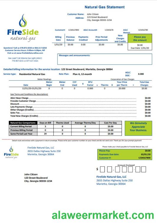 USA California FireSide natural gas utility bill template in Word and PDF format